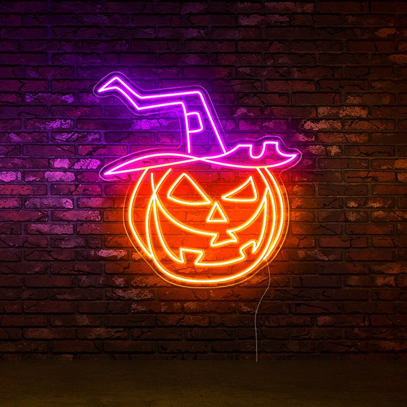 Pumpkin Witch Hat Halloween Neon Sign